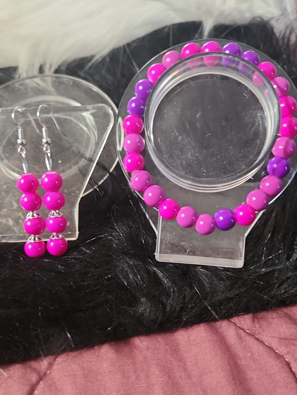 Hand Crafted Pink & Purple Beaded Bracelet with Matching Earrings
